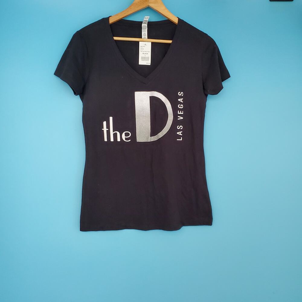 NEW The D Casino Tee Size Large Black V-Neck Tee with Silver Imprint